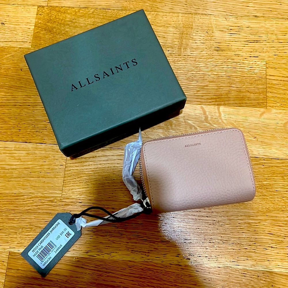 NWT All Saints leather card holder in nude pink